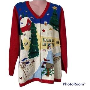 Quacker Factory Christmas Sweater XS Snowmen School House Flags